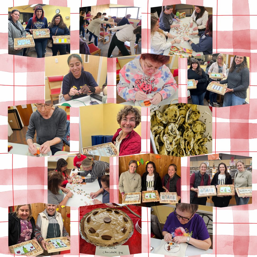 Collage of images from Adult Programs, including clay making, backgammon, chess, mahjong, and food programs