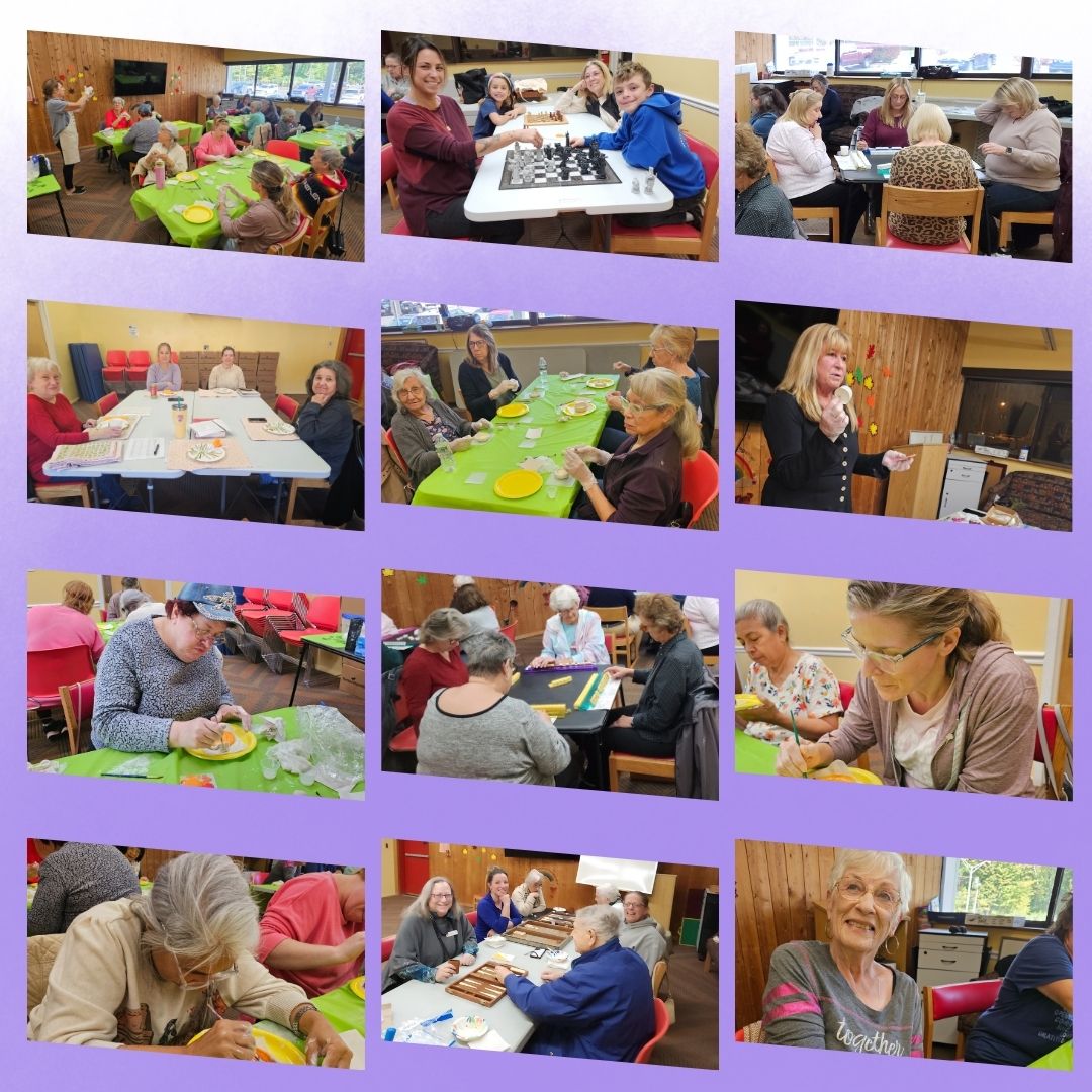 Collage of images from Adult Programs, including clay making, backgammon, chess, mahjong, and food programs