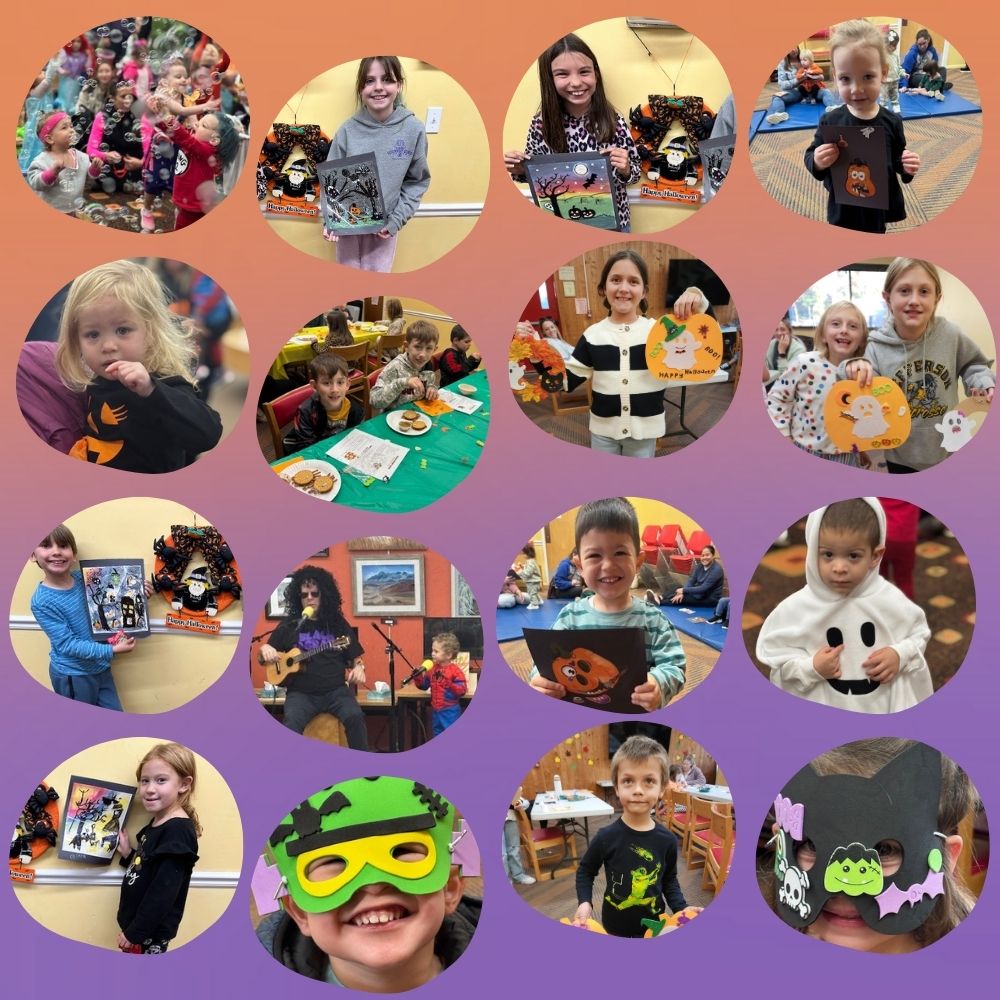 Collage for images from children's programs, including children with art work, making food, and children dressed in costumes for Halloween
